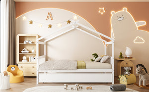 English Elm Full Size House Bed Solid Pinewood Frame with Pull Out Twin Trundle for Kids White LP000305AAK-1