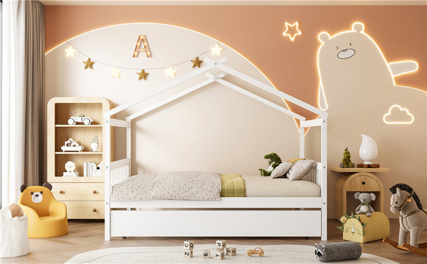English Elm Full Size House Bed Solid Pinewood Frame with Pull Out Twin Trundle for Kids White LP000305AAK-1