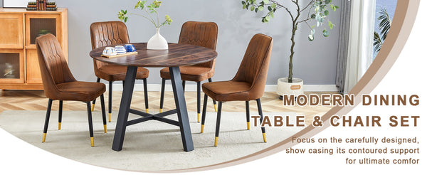 English Elm Table & 4 Chairs Set - Modern Minimalist 42" Round Dining Table With Deep Walnut Top & Techno-Fabric Seating W1151S03749-GIGA