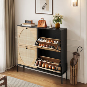 English Elm Space-saving Rattan Shoe Cabinet Artisan Woven Entryway Organizer with Flip Doors W5221P414216