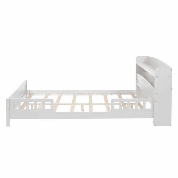 English Elm Full Pine Wood Bed with Bookcase Headboard and LED Motion Sensor Light, Guardrails & Storage Space White W504P277600