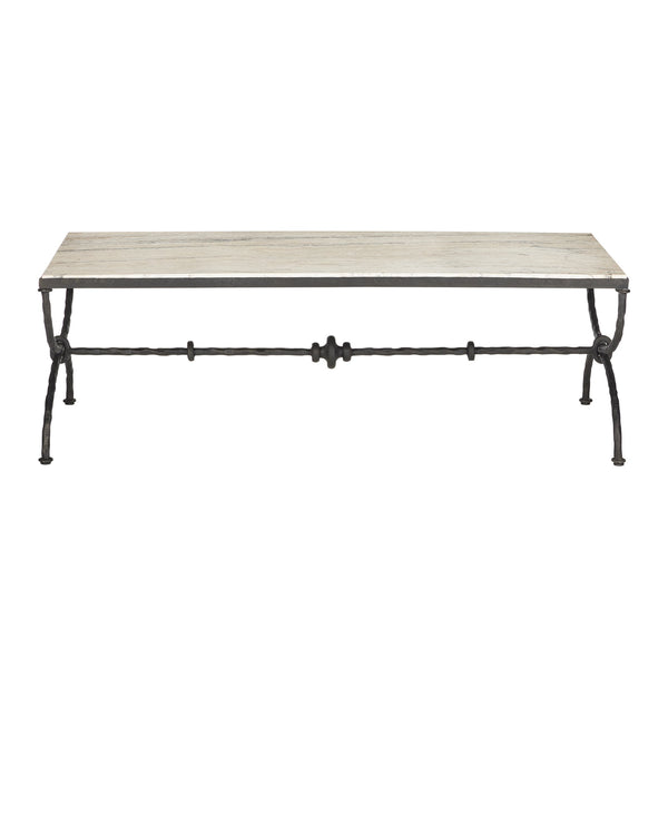 Currey & Company Agora White Travertine Cocktail Table - Greek-inspired Design With Sculptural Bronze Frame Elegance White White Travertine ,Wrought Iron 4000-0244-currey-company