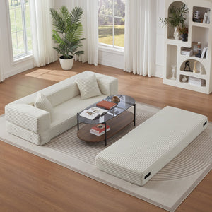 English Elm Modern Cord Fabric Convertible Sofa Sleeper Low Profile Square Frame for Apartments White W3396P439850