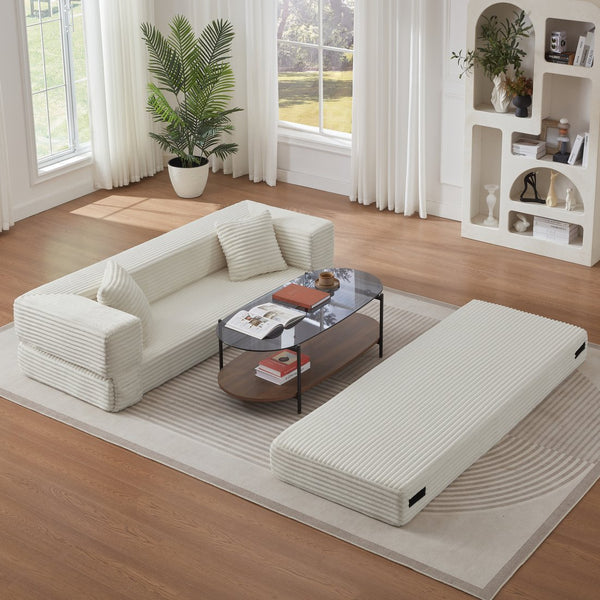 English Elm Modern Cord Fabric Convertible Sofa Sleeper Low Profile Square Frame for Apartments White W3396P439850