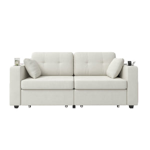 English Elm Sofas for Living Room Chenille Three Seat Couch with Usb Charging Storage and Cup Holder Beige W395S00142