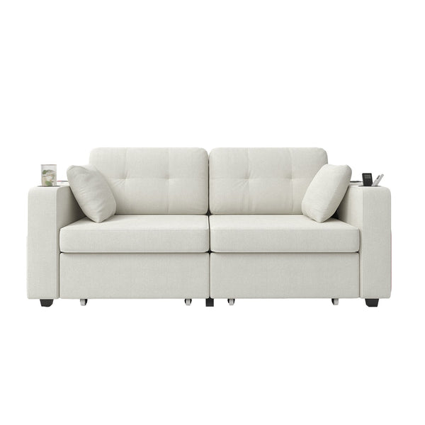 English Elm Sofas for Living Room Chenille Three Seat Couch with Usb Charging Storage and Cup Holder Beige W395S00142