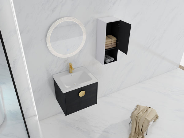 English Elm 24" Wall-Mounted Bathroom Vanity With Ceramic Sink & Side Cabinet - Soft Close Doors, Stylish Storage W999S00328