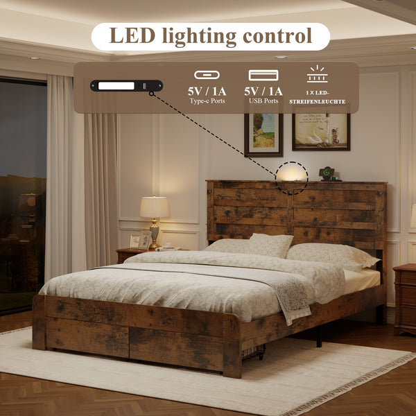 English Elm Queen-size Storage Bed Weathered Wood Platform Frame with Usb Charging Headboard W636P430769