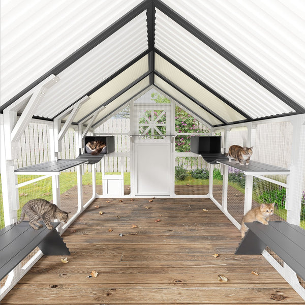 English Elm Large Walk-in Pine Wood Catio Enclosure with Platforms Resting Boxes and Planter Grey,White N704G201618K