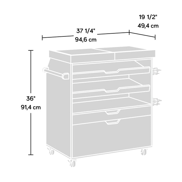 English Elm Traditional White Craft Cart with Slide Out Worktop Drawers and Rolling Storage B356P402721
