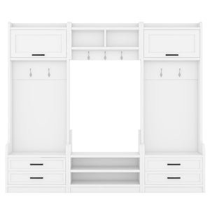 English Elm 4-in-1 Hall Tree with Bench, 7 Hooks, 2 Cabinets & 4 Drawers for Entryway Storage and Seating White W1580S00090