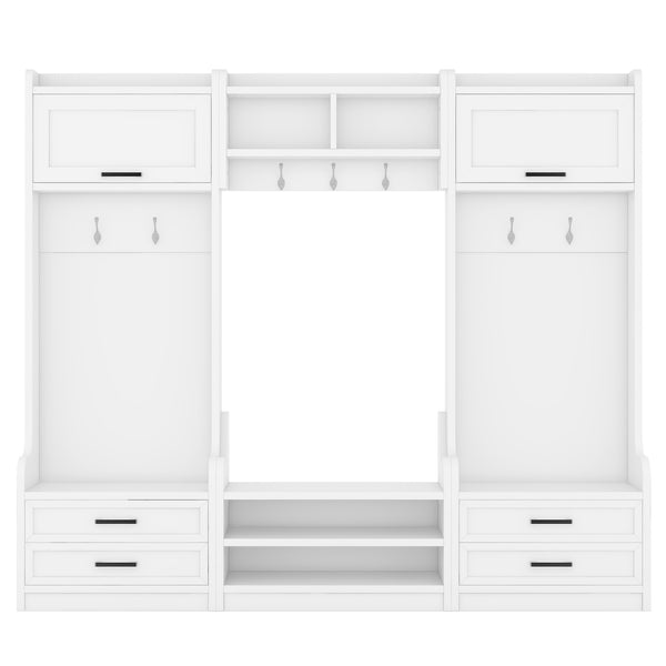 English Elm 4-in-1 Hall Tree with Bench, 7 Hooks, 2 Cabinets & 4 Drawers for Entryway Storage and Seating White W1580S00090