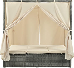 English Elm Wicker Adjustable Canopy Daybed with Curtains and Cushions, PE Rattan Steel Frame for Poolside Relaxation W349P271980