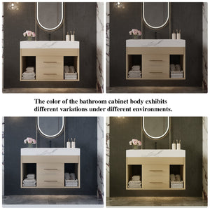 English Elm 29.9" Floating Bathroom Vanity Sintered Stone Top Soft Close Drawers Bronze Gold Hardware White,Wood W3136S00039