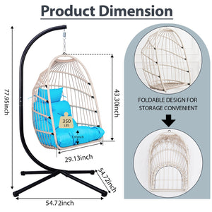 English Elm Foldable Hanging Egg Chair with Stand Pillow, HDPE Wicker, Rust‑Resistant Frame, Cushioned Headrest, 350lb Capacity Blue W2500P369700