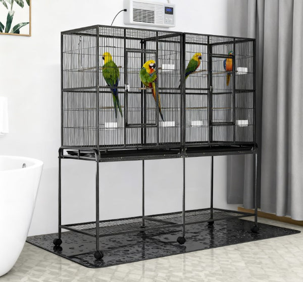 English Elm Roomy Rolling Bird Cage with Wooden Perches Storage Shelf and Slide Out Cleaning Trays T3971P423616