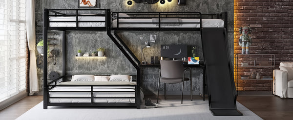 English Elm L-Shaped Triple Bunk Bed With Slide & Usb Ports - Space-Saving Metal Design For Modern Families W1580S00276