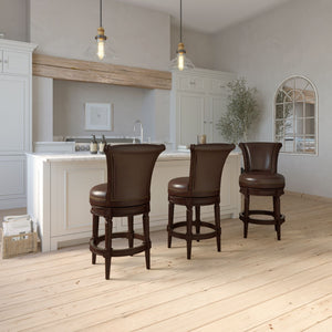 English Elm 26in. Solid Wood High-back Swivel Barstool Faux Leather Seat Nail Head Trim B2751P436428