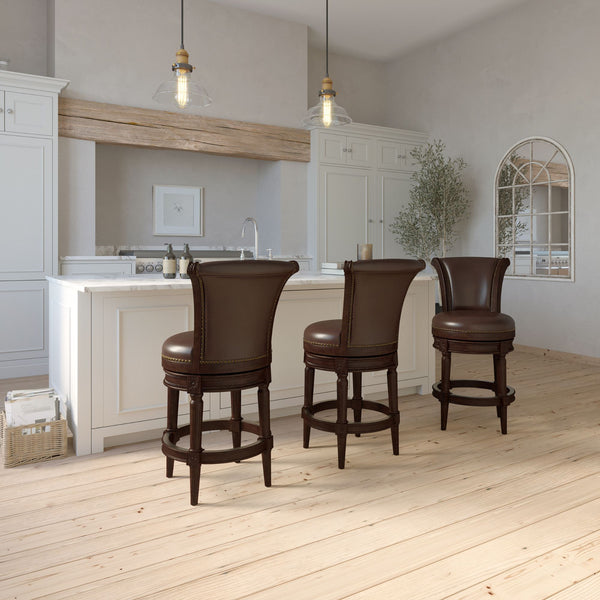 English Elm 26in. Solid Wood High-back Swivel Barstool Faux Leather Seat Nail Head Trim B2751P436428