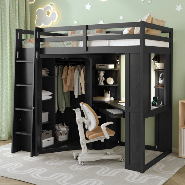 English Elm Twin Loft Bed with Wardrobe Desk Charging Station and Spotlights for Small Rooms Black LT000450AAB