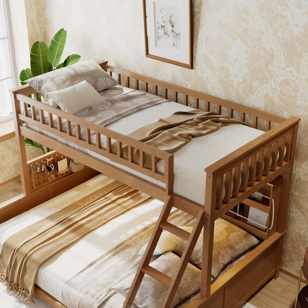 English Elm Twin Xl Over Queen Bunk Bed with Led Lighting Shelving and Pegboard Pinewood Frame Brown LT000280AAP