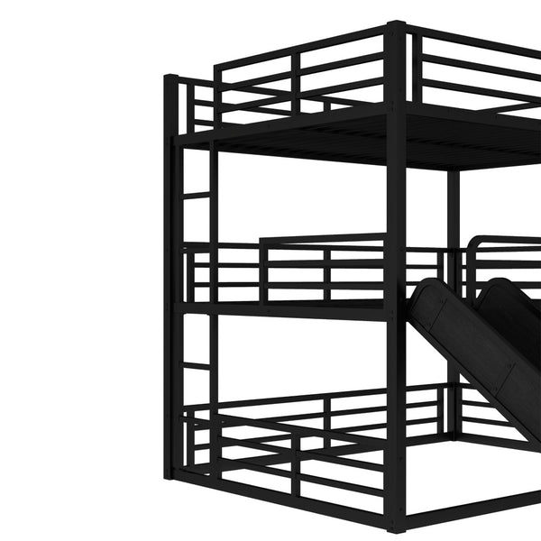 English Elm Queen Metal Triple Bunk Bed With Slide - Space-Saving, Heavy-Duty Design, Safety Guardrails In Black W1580S00172-GIGA
