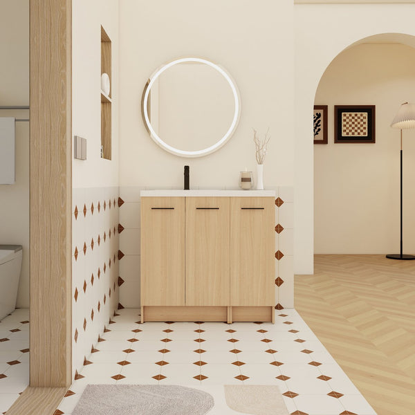 English Elm 36" Floating Bathroom Vanity Light Oak Modular Cabinet with Gel Coat Integrated Sink W3450S00100