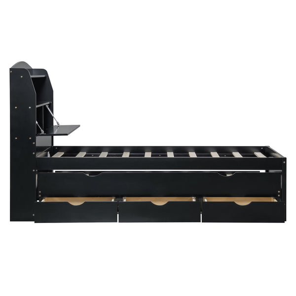 English Elm Twin LED Platform Bed with Trundle and Under-Storage Drawers, Flip-Up Headboard, USB Ports Espresso N820S10008D