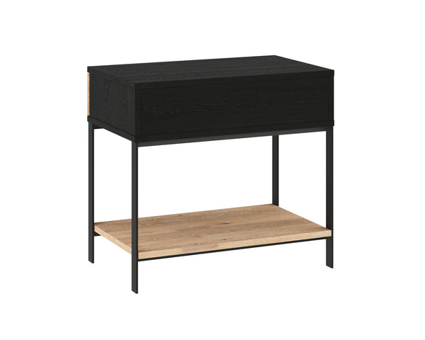 Sunpan Rosso Modern Industrial Nightstand with Soft Close Drawer, Rustic Oak Veneer & Black Iron Legs