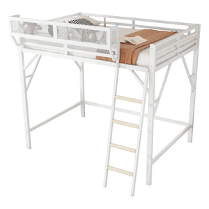English Elm Queen Size Metal Loft Bed with Ladder and Built-In Storage Shelves, Sturdy High Bed for Teens 99" White W2580P379980