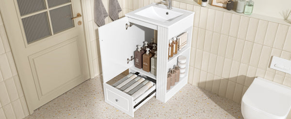 English Elm 20" Freestanding Bathroom Vanity Mdf Cabinet Ceramic Sink Open Shelves Powder Room White N725P364210K