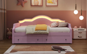 English Elm Twin Upholstered Daybed with Built-In LED & 2 Drawers, Velvet Platform Bed with Solid Wood Frame, Modern Curved Backrest, Twin Size, No Box Spring Needed Pink N7500001851H