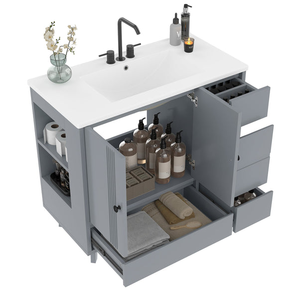 English Elm 36" Freestanding Bathroom Vanity Solid Wood Cabinet Ceramic Basin Four Drawers White W1580P382509