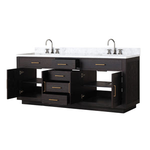 English Elm Black Oak Double Bath Vanity 80" W x 22" D with Carrara Marble Top, Chrome Gooseneck Faucets, Soft-Close cabinetry B2731P260864