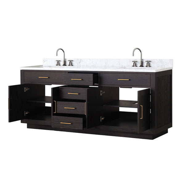 English Elm Black Oak Double Bath Vanity 80" W x 22" D with Carrara Marble Top, Chrome Gooseneck Faucets, Soft-Close cabinetry B2731P260864