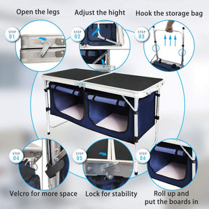 English Elm Folding Aluminum Camp Table with Side Storage Compartments and Adjustable Height Settings W2181P481699