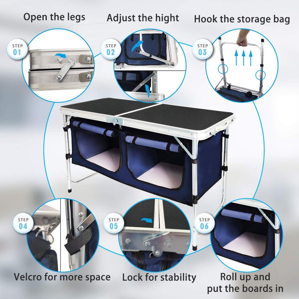 English Elm Folding Aluminum Camp Table with Side Storage Compartments and Adjustable Height Settings W2181P481699