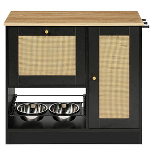 English Elm Feeding Station Cabinet with Rattan Door Elevated Bowls and Hooks for Tidy Pet Care W1687P246775
