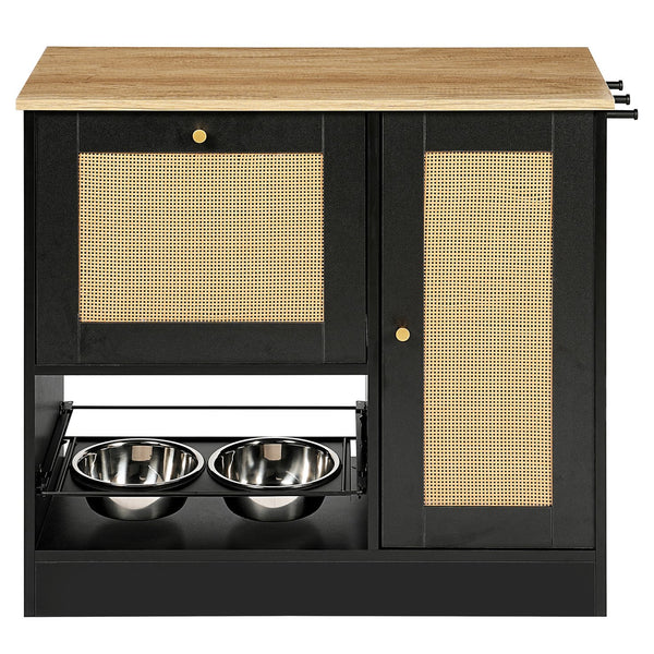 English Elm Feeding Station Cabinet with Rattan Door Elevated Bowls and Hooks for Tidy Pet Care W1687P246775