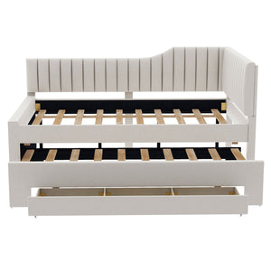 English Elm Full Upholstered Daybed with Trundle and Three Drawers, Linen-Blend Fabric, Space-Saving Guest Bed, Storage-Friendly Design Beige DL002058AAA