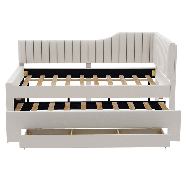 English Elm Full Upholstered Daybed with Trundle and Three Drawers, Linen-Blend Fabric, Space-Saving Guest Bed, Storage-Friendly Design Beige DL002058AAA