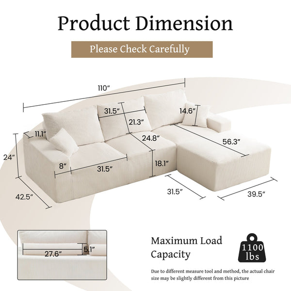 English Elm "110" 110" L-Shaped Sectional Sofa: Ultra-Soft Corduroy 3-Seater With Chaise, No Assembly, Cloud Comfort W2606S00008