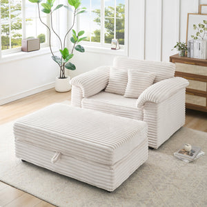 English Elm 47.24-inch corduroy armchair with storage ottoman and USB ports, spring seat, solid wood frame lounge White W3356S00024