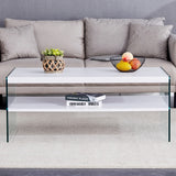 English Elm Double Rectangular Coffee Table. The Board Surface Is Mdf, With White Stickers, and Both Sides Are Transparent Tempered Glass. Suitable For Living Room, Bedroom and Other Occasions.