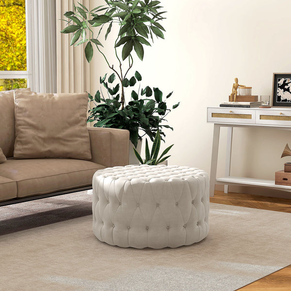 English Elm HOMCOM Velvet-Feel Round Ottoman 31.5" — Button-Tufted Padded Seat, Versatile Footstool & Coffee Table (Beige) W2225P229103