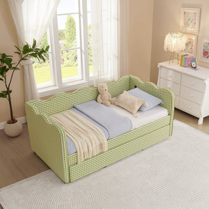 English Elm Cozy Twin Gingham Daybed with Trundle Sofa Bed, Linen Upholstery, USB Port, Wave Frame Design Green W1413S00100