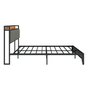 English Elm Queen Upholstered Bed Frame with USB & Outlets, Metal Platform, Vintage Shelf, 10.4" Storage Clearance W1960P162712