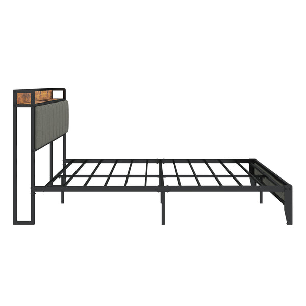 English Elm Queen Upholstered Bed Frame with USB & Outlets, Metal Platform, Vintage Shelf, 10.4" Storage Clearance W1960P162712