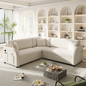 English Elm 85.1" Teddy Plush L-shaped Sectional Sleeper Sofa with Usb Ports and Pull Out Bed Beige+White W1885S00319