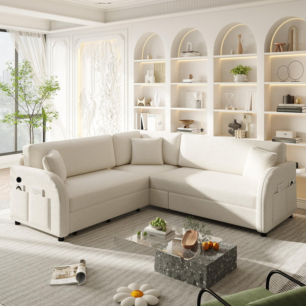 English Elm 85.1" Teddy Plush L-shaped Sectional Sleeper Sofa with Usb Ports and Pull Out Bed Beige+White W1885S00319